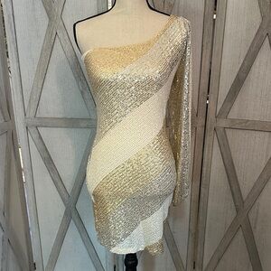 Glamorous One-Shoulder Sequin Dress in Gold and Cream